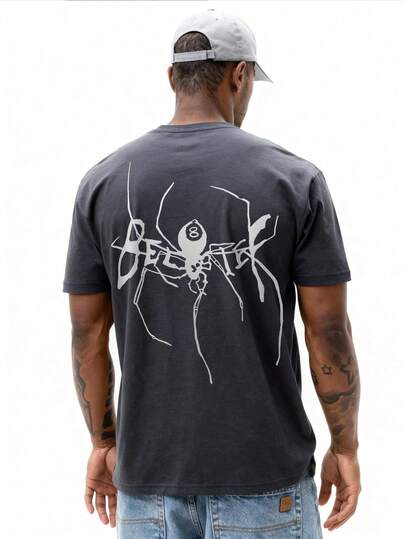 Camiseta de manga corta de cuello redondo con estampado de letra y araña, informal para hombres, para verano