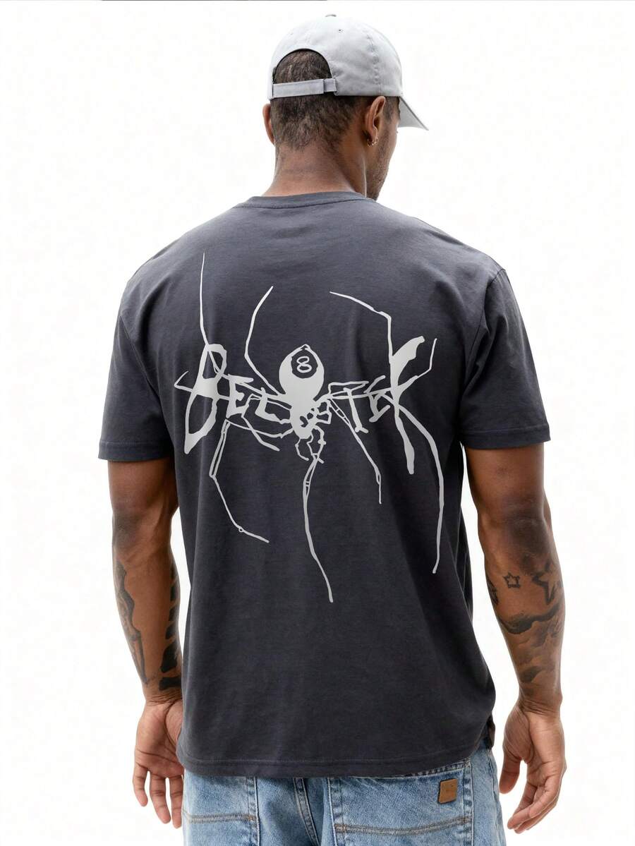Men's Casual Letter & Spider Print Round Neck Short Sleeve T-Shirt, Summer - Dark Grey - View 1