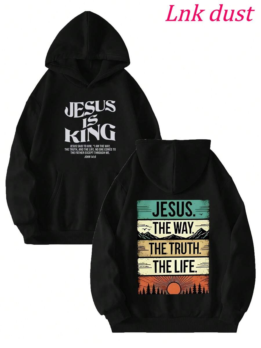 Y2K "Jesus: The Way, Truth, Life – Vintage Faith Hoodie" Print,250g Polyester Men's And Women's Clothing Casual And Cozy Hoodies Leyo,  Long Sleeve Hooded Sweatshirt, Casual Versatile Top For Autumn Winter - 黑色 - 查看 1