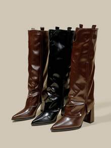 Women's Brown Pointed Toe Knee-High Boots, Comfortable Fitted Shaft Boots, Versatile Fashion Boots, Slip-On Wide Leg Boots, Chunky Heel Pleated Fold-Over Boots - Brown - View 7