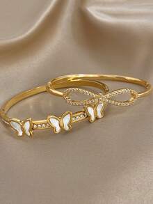 Juego de pulsera de acero inoxidable chapada en oro de 18K con elegante diseño de mariposa y lazo de circonita, joyería romántica y eterna como regalo para mamá en Navidad, Acción de Gracias, Halloween, boda, fiesta, uso diario, aniversario, San Valentín, cumpleaños, dama de honor