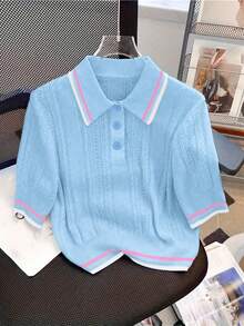 Summer Hollow Design Polo Neck Casual College Style Versatile Niche Knit Tops - Blue - View 1