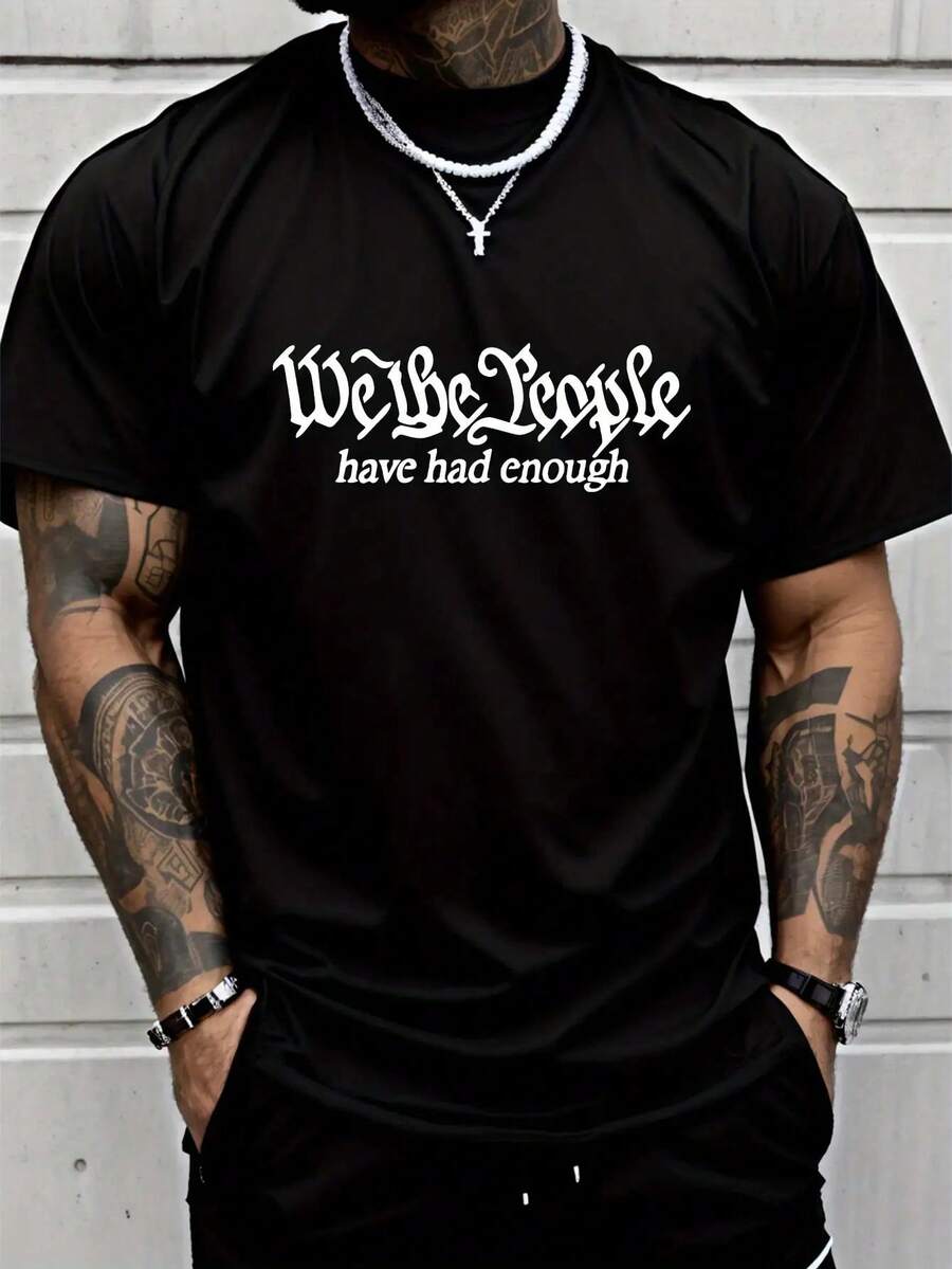 Men's "We Are Tired" Graphic Print Short Sleeve T-Shirt - Breathable Casual Summer Tee For Hiking, Fishing & Outdoor Adventures, Adventure Clothing| Streetwear Style| Comfortable Fit - 黑色 - 查看 1