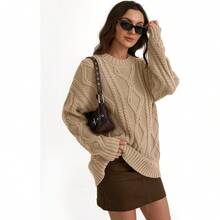 2025  Women's Oversized Cable Knit Crewneck Sweaters - Camel - View 5