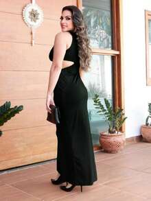 Vestido Casual Elegante Blogueira Feminino Mulheres com Fenda Cut-Out Tecido Leve Verão Confortável - Preto - Visão 13