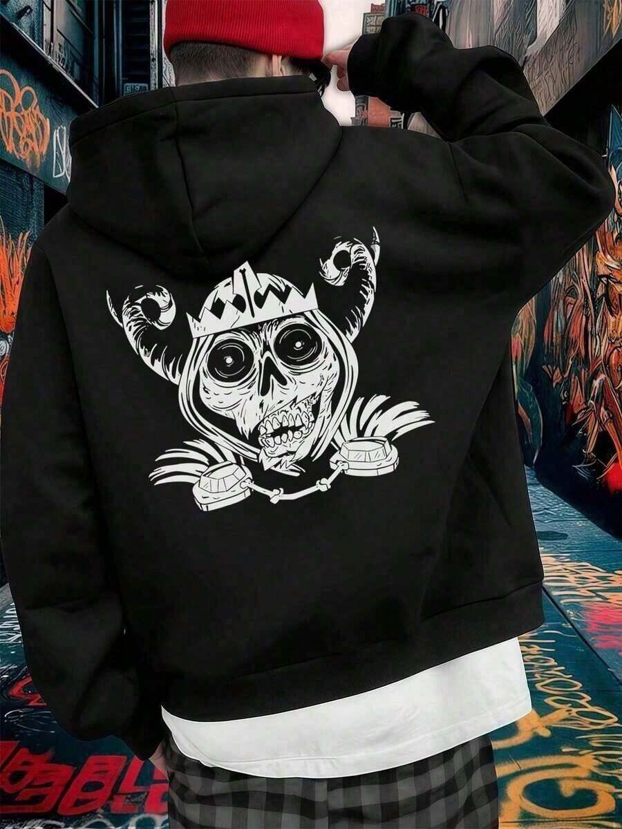 Skull Graphic Hoodie Sweatshirt ,Men's Double-Sided Printed Casual And Comfortable Hoodie, Casual And Versatile Coat In Autumn And Winter,Sudaderas Para Hombre,Hoodies Men(1 PC),Fall Hoodies,Men's Fall Clothes,Street Wear,Halloween,Mens Hoodies,Y2k Clothes,Jesus Hoodie,Thanksgiving Day,Nightmare Before Christmas,Christmas - Black - View 1