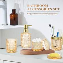 5 Pcs Glass Soap Dispenser Set –Refillable Shampoo, Conditioner, Lotion & Hand-Soap Bottles For Bathroom Sink, Kitchen Counter, Guest Powder Room, Dorm, Salon & Spa, Bridal-Shower Gift - Màu vàng - Xem 8