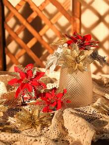 3/6/12/18/24 buc flori artificiale de Crăciun cu clipsuri, 3 stiluri ornamente de brad de Crăciun cu sclipici flori pentru ghirlandă DIY Crăciun Anul Nou petrecere decorare