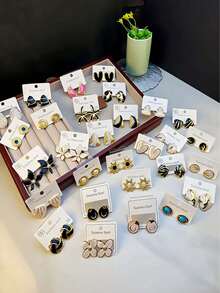 2pcs/9pcs/16pcs/24pcs Stainless Steel Earring Sets, Graduation/Back To School/Teacher's Day Gifts, Apple, Math Symbols, Love, Half-Circle Rainbow Leopard Print, For Teachers And Students, Women - Multicolor - View 12