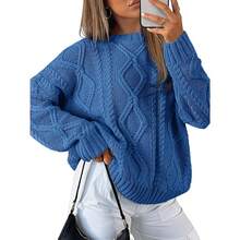 2025  Women's Oversized Cable Knit Crewneck Sweaters - Azure Blue - View 1