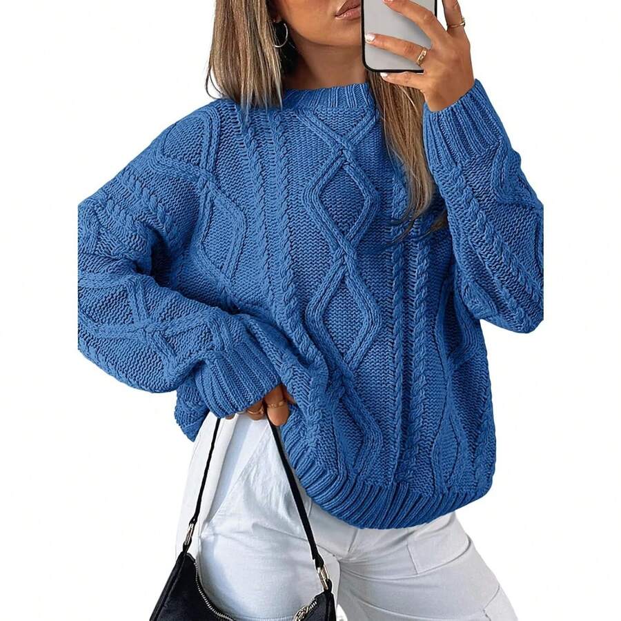 2025 Women's Oversized Cable Knit Crewneck Sweaters - Azure Blue - View 1