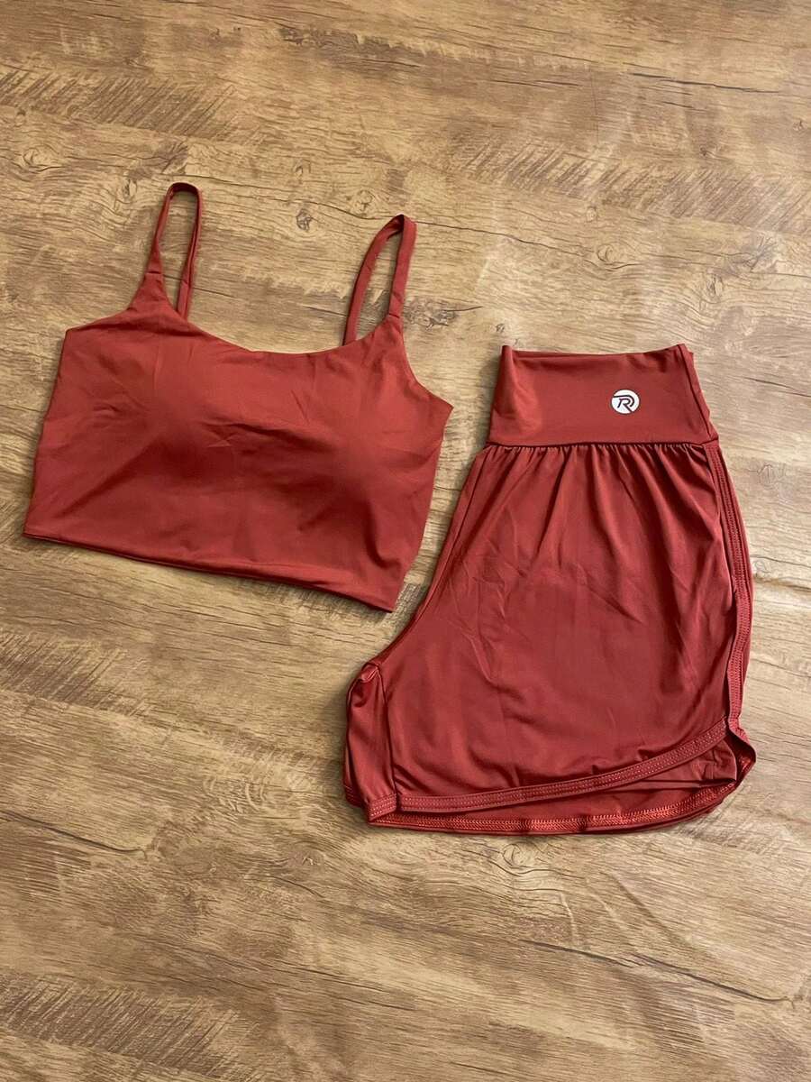 Renata Double-Lined Fitness Shorts Set - Tile Brown - View 1