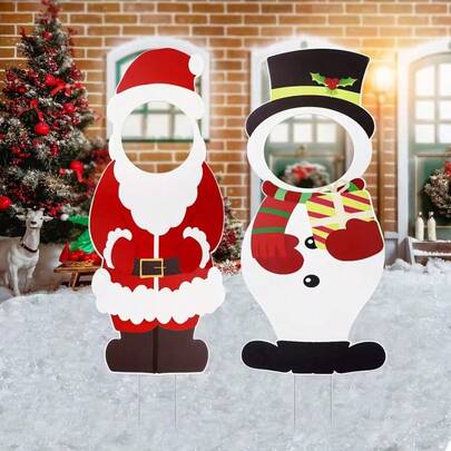 Placas Gigantes de Natal para Jardim - Decorações Vibrantes de Papai Noel e Boneco de Neve, Suportes para Fotos, Plástico, Decoração Festiva para Gramado e Jardim