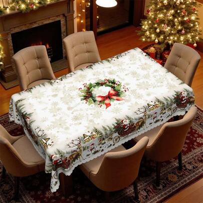 1pc Christmas Tablecloth, Gold Snowflake, Reindeer, Santa Claus, Sled, Snowhouse, Snowy Landscape Print, Vintage Style, Polyester Fabric, Lace Trim, Rectangular & Round, Multi-Size For Indoor/Outdoor - Kitchen, Dining Room Decor, Christmas Holiday Gift, Durable Machine Washable Household Tablecloth