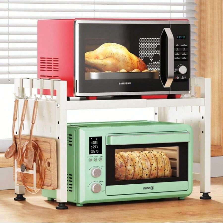 Kitchen Shelf, Single-Tier Kitchen Microwave Shelf, Multifunctional Kitchen Spice Rack, Extendable, For Microwave, Organizer For Kitchen, Microwave, 2 Tiers, With Hooks, 42 - 68 X 36 X 46 Cm, Home Decor, Party & Christmas Storage - trắng - Xem 1