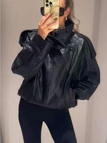 Women's Black PU Leather Jacket, Long Sleeve Zip-Up Bomber Jacket, Autumn/Winter Outerwear, Street Style