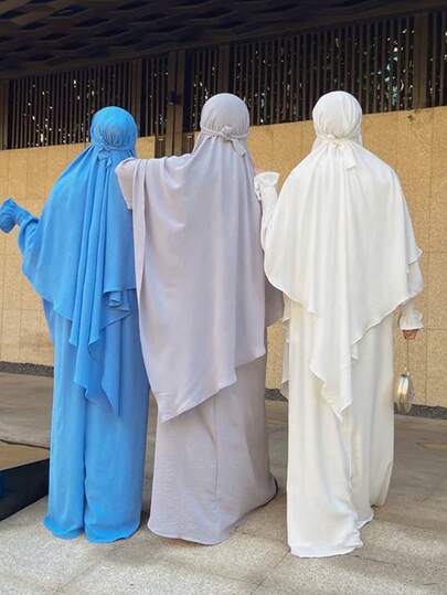 2pcs Elegant Polyester Hijab Scarf Set For Women - Simple Solid Color, Breathable & Warm, Non-Stretch, Yarn-Dyed Craftsmanship, Fashionable All-Match Long Robe With Pleated Sleeves