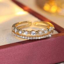 1pc Fashionable & Versatile Double-Layer Zirconia Women's Open Ring, Gold Plated, Women's Holiday Gift Jewelry - Silver - View 4