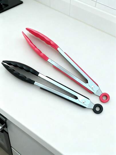 1pc Silicone Food Tongs, 10"/13"/15" BBQ Tongs, Stainless Steel Heat Resistant Non-Slip Cooking Tongs