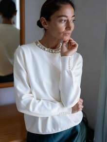 GIGOGOU 时尚串珠女式秋冬保暖毛衣休闲基本款长袖针织上衣秋季服装别致 - 白色 - 查看 4