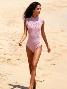 Strapless Bodysuit With Knot Detail, Simple Textured, Beach Vacation Style, Simple Textured Knit, Cable Knit, Beach Vacation Style. - 粉色 - 查看 3