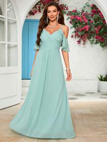 Women's V-Neck Spaghetti Strap Backless Dress With Ruffle Sleeves, Cross Pleated Flared Hem Bridesmaid Gown - Green - View 8