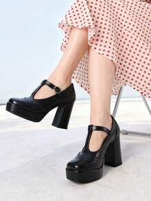 Womens Square Toe Mary Jane Shoes Outdoor  Retro Oxford Wingtip Platform Pump Preppy Ankle Buckle Strap Office Shoes Dress Wear Footwear - 黑色 - 查看 1
