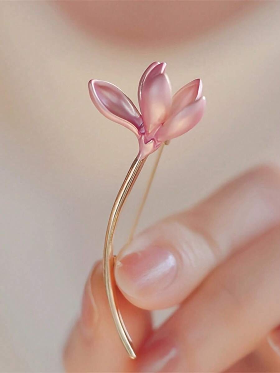 1pc High-End Chinese Style Pink Metal Lotus Flower Brooch, Cute Delicate Floral Boutique Pin, Elegant Accessory For Dresses, Sweaters Christmas Gift - Pink - View 1