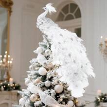 15 Inch Christmas Peacock Tree Topper Christmas Ornaments Artificial Feather Glitter White Peacock Xmas Decorations For Xmas Wedding Party Tree DecorHalloween Christmas New Year - trắng - Xem 12