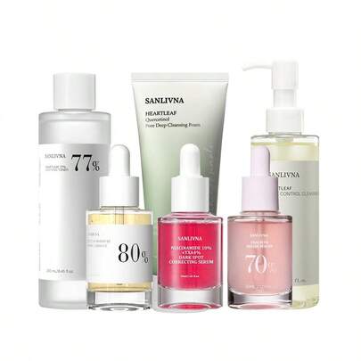 Heartleaf Skin Care 6 Set - Face Cleanser, Cleansing Oil, Toner, Serum*3, Dark Spot Correction Blackhead Remover, Pore Shrinking,Hydrating,Improves Overall Completion,Create Korean Glass Skin Skin Care Sets,For Women/Men/Especially Good For Sensitive Skin,Korea Skin Care
