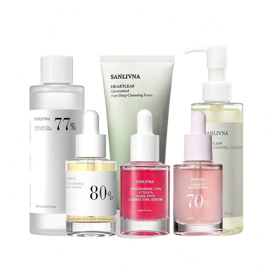 Conjunto de Cuidados com a Pele Heartleaf 6 Peças - Limpador Facial, Óleo de Limpeza, Tônico, Soro*3, Removedor de Manchas Escuras e Cravos, Encolhimento de Poros, Hidratação, Melhora a Aparência Geral, Cria Pele de Vidro Coreana, Conjunto de Cuidados com a Pele, Para Mulheres/Homens/Especialmente Bom para Pele Sensível, Cuidados com a Pele Coreanos