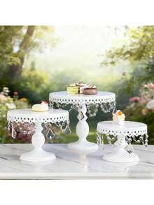 3-Tier Antique Stand Set, Elegant Gold/Champagne/White Metal Display For Weddings & Parties - trắng - Xem 2