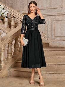 MIUSOL Elegant Black V-Neck Sequin Lace Ruched Chiffon A-Line Flowy Hem Midi Dress, 3/4 Sleeves, For Wedding Guest, Cocktail Party, Graduation Or Formal Evening Events - 黑色 - 查看 4