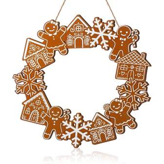 1Set 12inch Christmas Gingerbread Wreath Christmas Front Door Decor Wooden Gingerbread Man Snowflakes Hanging Ornament Merry Christmas Sign For Family Indoor Outdoor Wall Decor Winter Holiday Party Supplies Christmas Decorations