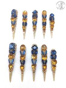 10 Pieces Of Pure Hand-Pressed Wearable Nail, 77mm Ultra-Long Nail Plate, Yellow Glitter Powder Base, Yellow Small Rhinestones Covering All Around, Yellow Large Rhinestone Dark Blue Large Rhinestone Flower Shape. Summer And Autumn Style, Suitable For Dances, Banquets, Parties, Shows And Other Activities. Nails - Multicolor - View 2