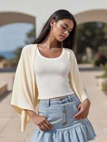 Shrug Cardigan For Women Fashionable Lightweight Solid Color Open Front Loose Cover Up - Beis - Ver 3