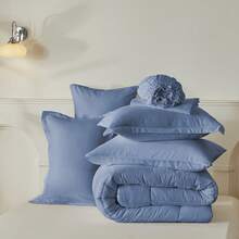 5/7pcs Simple And Stylish Embossed Bed Comforter Set, 100% Microfiber Soft Breathable Summer Bedding Set, Comfortable And Durable, Include 1 Comforter+1 Flat Sheet+1 Fitted Sheet+1/2 Pillowcases+1/2 Pillowshams,All-Season, Bed In A Bag, Room Decor, Best Gift - Blue-BZ01 - 查看 8