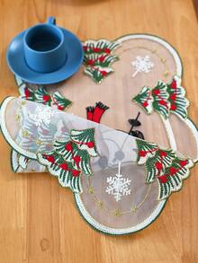 1pc Christmas Snowman & Pine Tree Placemat, White Polyester Fabric Lace Embroidered Rectangular Placemat, Suitable For Christmas Holiday And Daily Dining Table - White - View 5