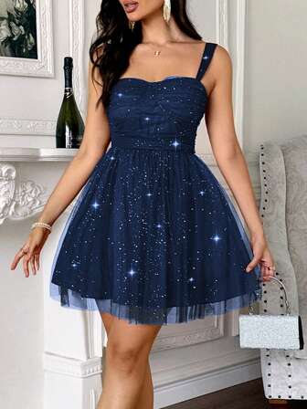 Unadoll Women's Camisole Pleated Bow Design With Sparkling Fabric Zipper Short Dress, Suitable For Dress For Wedding,Christmas , Party, Cocktail Party Dresses