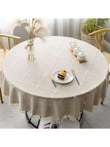 1pc Taupe Round Fringed Tablecloth, Rustic Linen Dust-Proof, Wrinkle-Resistant, Fade-Resistant Tablecloth For Kitchen, Dining Room, Holiday Party Dinner Table Cover