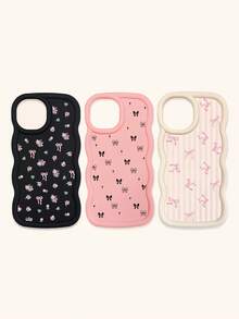 Black White Pink Bowknot Fashion Phone Cases 3pcs Dopamine Themed Wavy Edge Bowknot Pattern Phone Cases Compatible With IPhone & Galaxy Phones Spring Gift - Multicolor - View 22