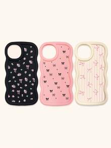 Black White Pink Bowknot Fashion Phone Cases 3pcs Dopamine Themed Wavy Edge Bowknot Pattern Phone Cases Compatible With IPhone & Galaxy Phones Spring Gift - Multicolor - View 39