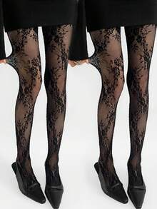 1/2 Pair Black Floral Pattern Women Fishnet Socks, Lace Trim Hollow Out Sexy Retro Rose Vine Leaf Breathable Pantyhose - Black - View 2