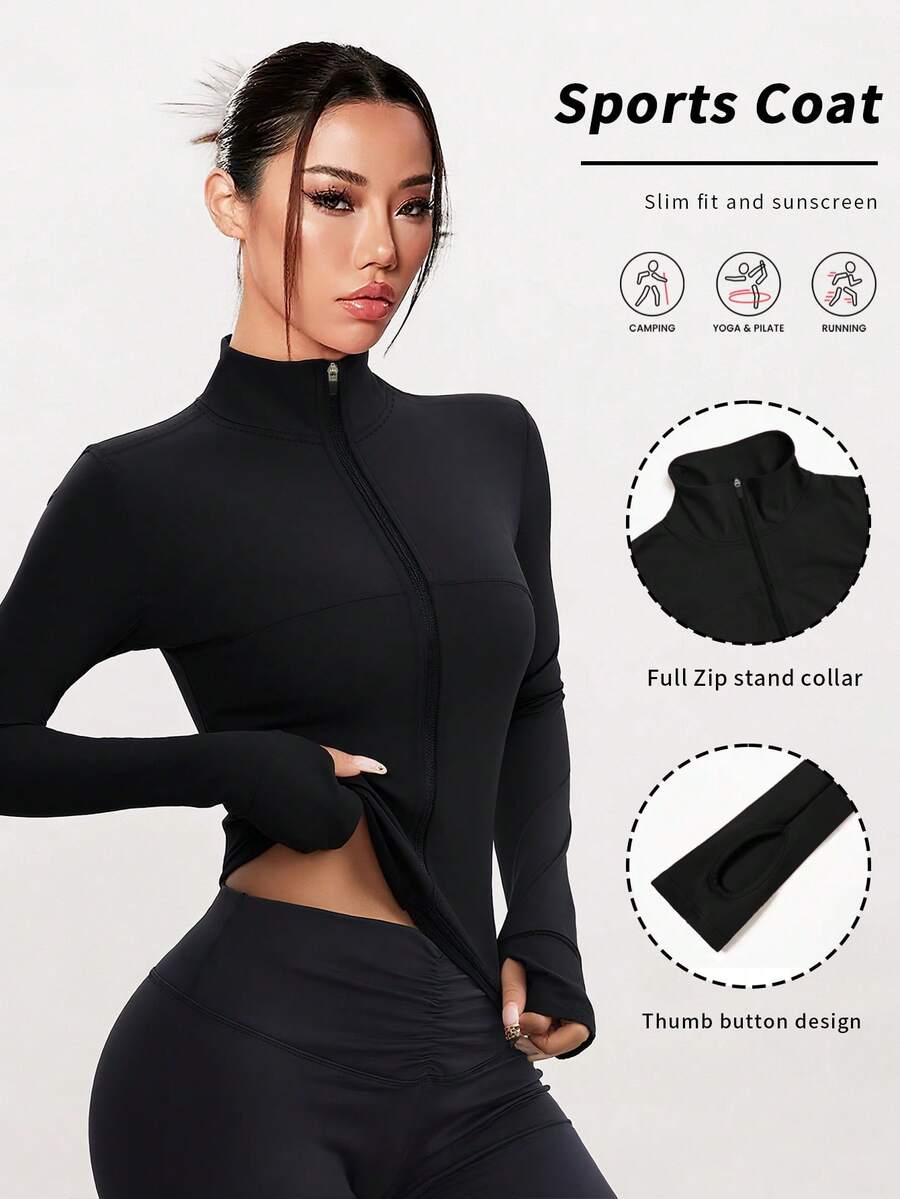 6pecil 女士时尚瑜伽户外跑步通勤约会防晒必备弹力舒适背部塑身腹部瘦身健身复古高端街头优雅运动服跑步健身服拉链弹力简约时尚性感修身长袖瑜伽夹克健身服女外套 - 黑色 - 查看 1