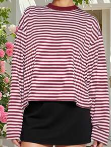Women Striped Long Sleeve Baggy T Shirts Y2k Vintage Stripes Oversized Boxy Tees Cropped Tops Lionesss Stripped Sweatshirt Fall Preppy Teen Girl Clothes - 淺粉色 - 查看 2