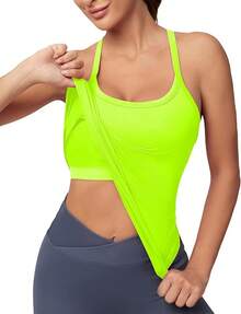 Workout Tops Women With Built In Bra, Sleeveless Gym Tops Seamless Racerback Athletic Yoga Shirts, Activewear - 螢光綠 - 查看 11
