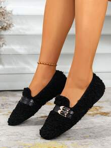 Black Faux Fur Loafers, Metal Double Buckle Decor Handmade Warm Slip-On Shoes, Retro Style, Comfortable Indoor Slippers For Women, Autumn/Winter - Black - View 6
