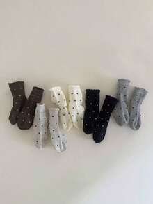 5 双女童袜子，适合春秋季的中筒袜，可爱的波尔卡圆点荷叶边袜子，适合女学生的中筒袜，甜美蕾丝袜，小女孩公主袜，舒适透气，适合休闲鞋 - 彩色 - 查看 2