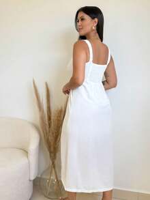 Elegant Long Dress With Slit, Stretch And Viscose Lining For Summer Wedding Party - White - View 2