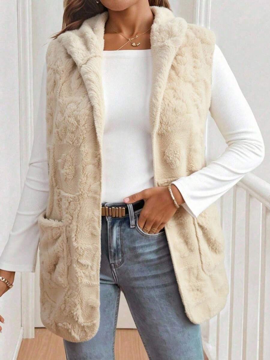 Chaleco Liso para Mujer Chaleco con estampado floral de Borreguita con Bolsillo y Capucha para Dama - Estilo Casual y Acogedor para Invierno. - Beis - Ver 1